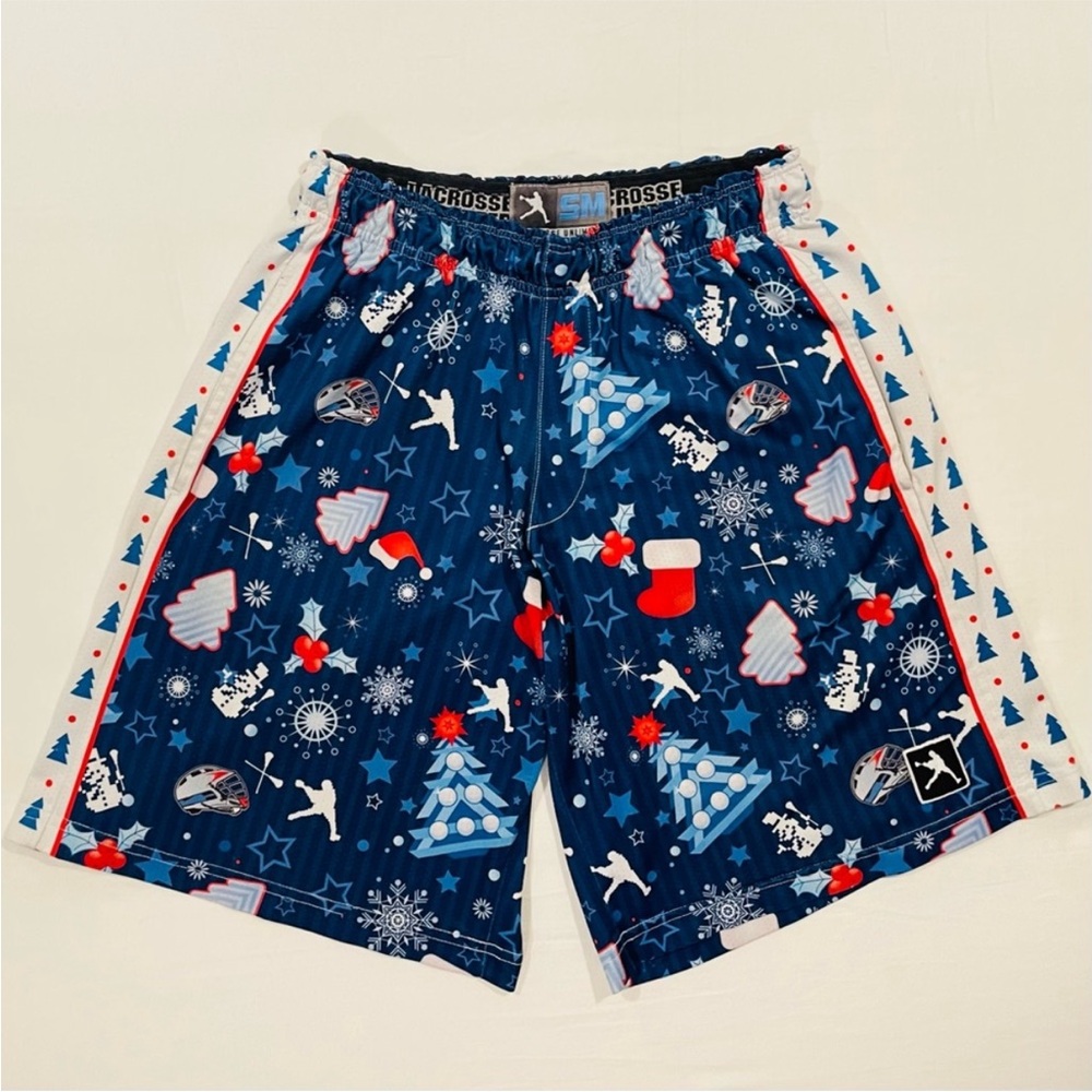 Lacrosse Unlimited Shorts Mens Small Christmas Lax Blue Stars Snowflakes Winter